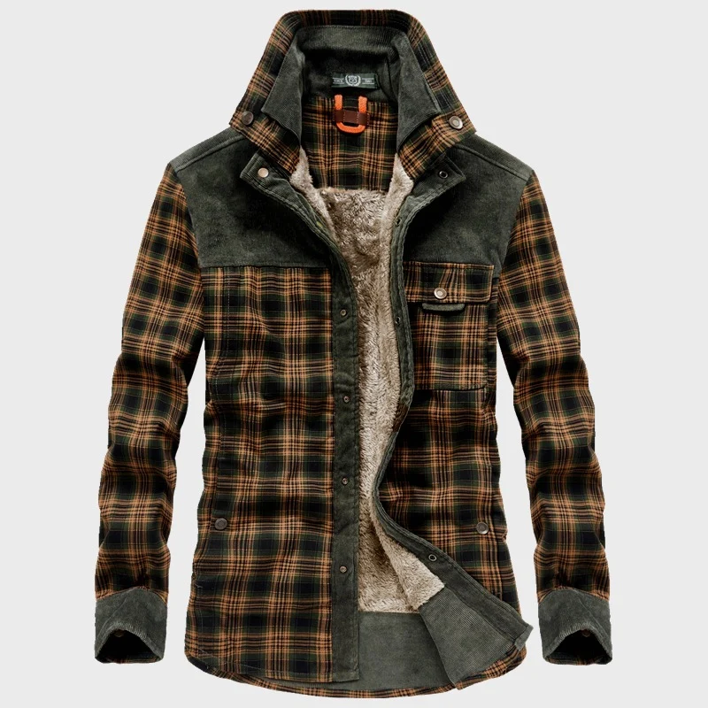 Herren karierte Thermo‑Hemdjacke mit Teddyfutter und Cord‑Schulterpasse Nord Taschen