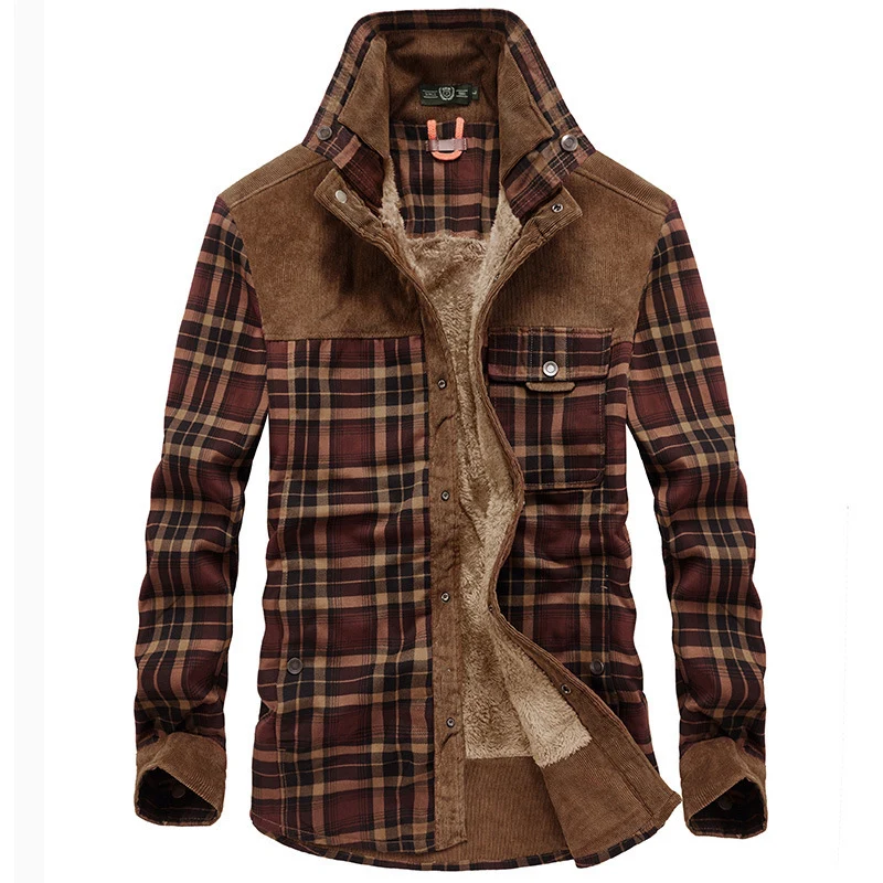 Herren karierte Hemdjacke mit Teddyfutter, Cordbesatz und hohem Stehkragen Nord Taschen