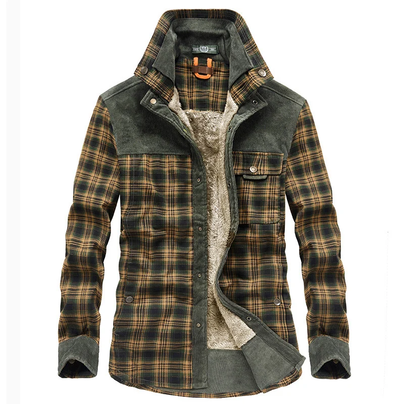 Herren karierte Hemdjacke mit Teddyfutter, Cordbesatz und hohem Stehkragen Nord Taschen