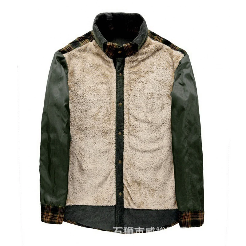 Herren karierte Hemdjacke mit Teddyfutter, Cordbesatz und hohem Stehkragen Nord Taschen