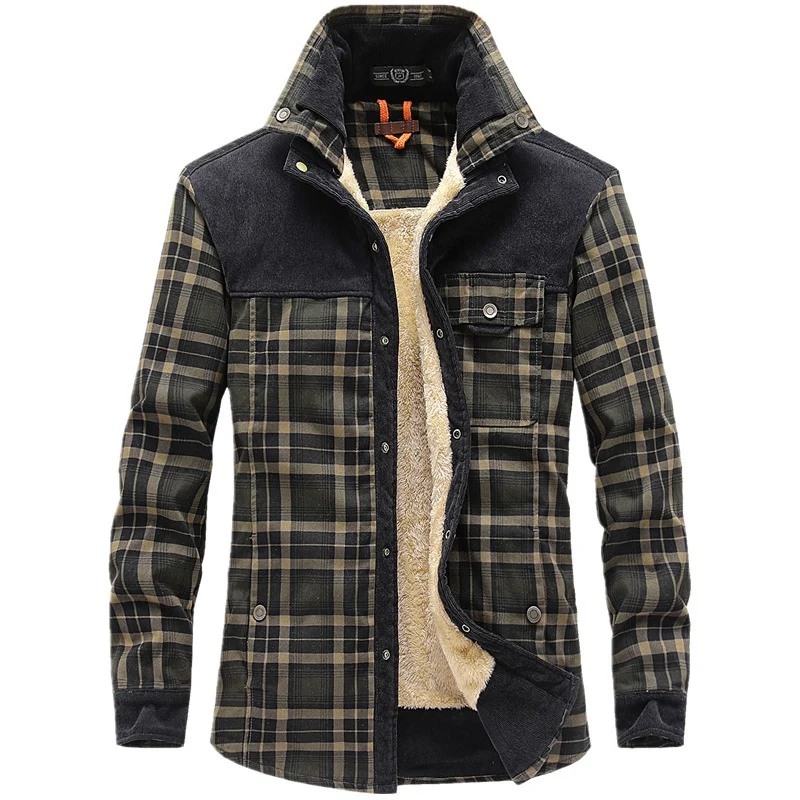 Herren karierte Hemdjacke mit Teddyfutter, Cordbesatz und hohem Stehkragen Nord Taschen