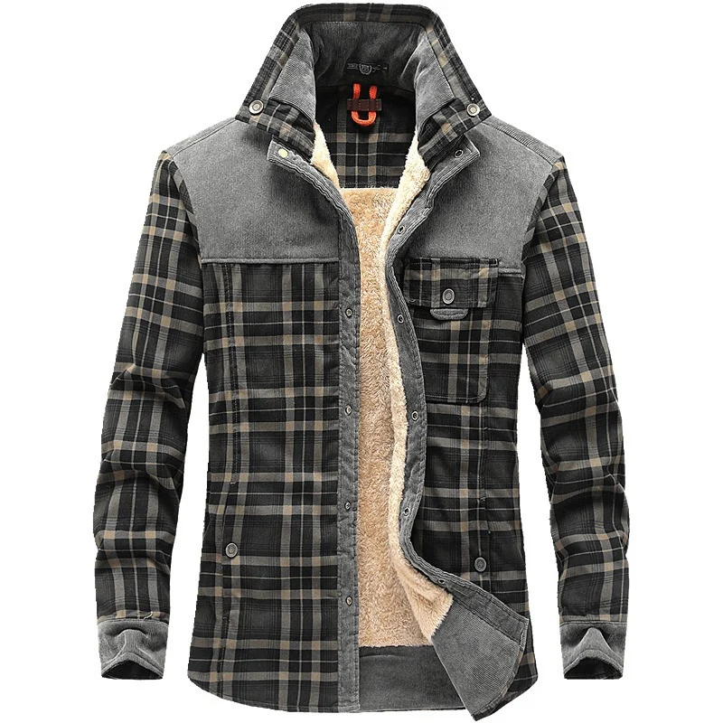 Herren karierte Hemdjacke mit Teddyfutter, Cordbesatz und hohem Stehkragen Nord Taschen