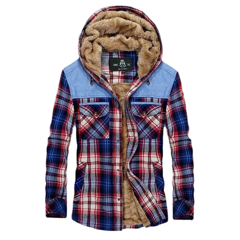Herren karierte gefütterte Hemdjacke mit Kapuze und Teddyfutter Nord Taschen