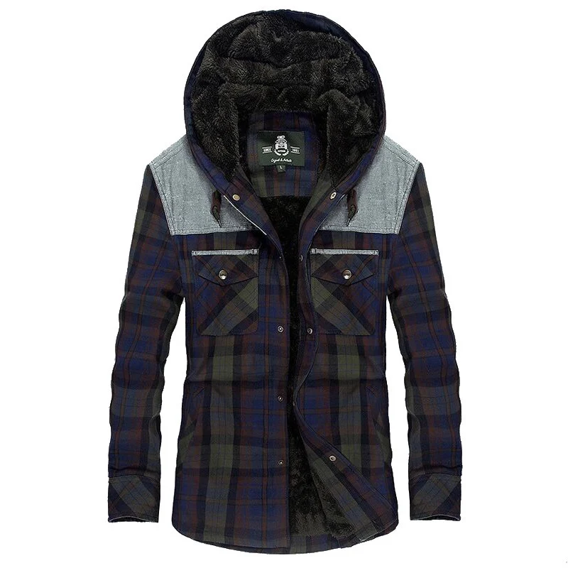 Herren karierte gefütterte Hemdjacke mit Kapuze und Teddyfutter Nord Taschen
