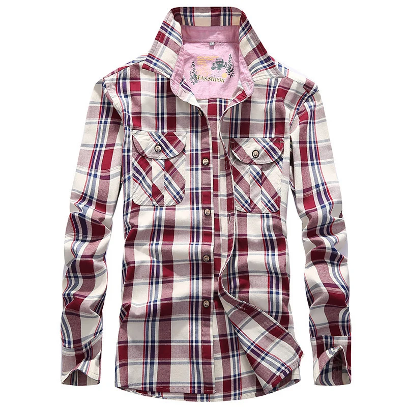 Herren Karierte Baumwoll-Flanell-Hemdjacke mit Brustpattentaschen und Hemdkragen Nord Taschen
