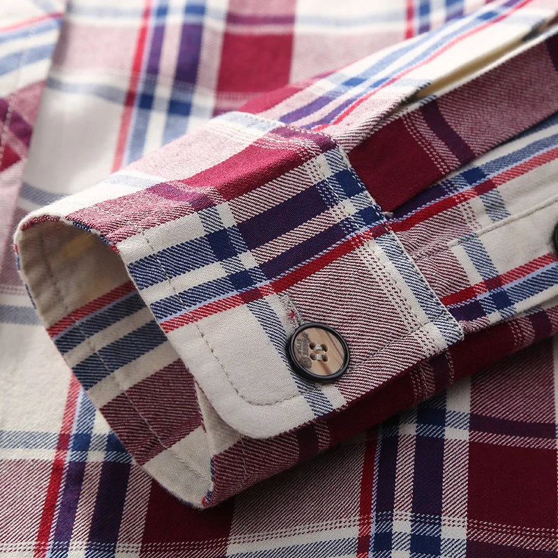 Herren Karierte Baumwoll-Flanell-Hemdjacke mit Brustpattentaschen und Hemdkragen Nord Taschen