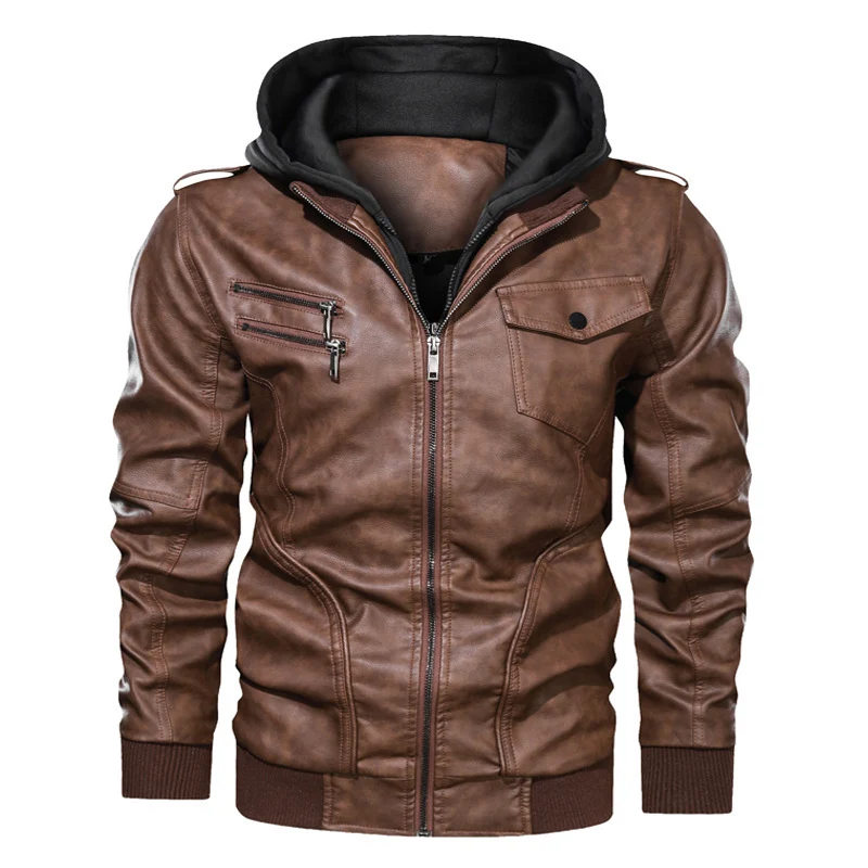 Herren Kapuzen-Lederimitatjacke im Bikerstil mit Reißverschluss, Brusttaschen und Rippbündchen Nord Taschen