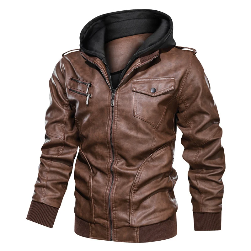Herren Kapuzen-Lederimitatjacke im Bikerstil mit Reißverschluss, Brusttaschen und Rippbündchen Nord Taschen