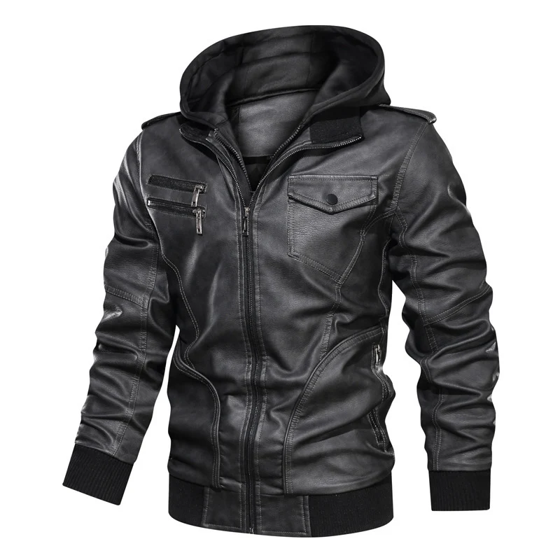Herren Kapuzen-Lederimitatjacke im Bikerstil mit Reißverschluss, Brusttaschen und Rippbündchen Nord Taschen