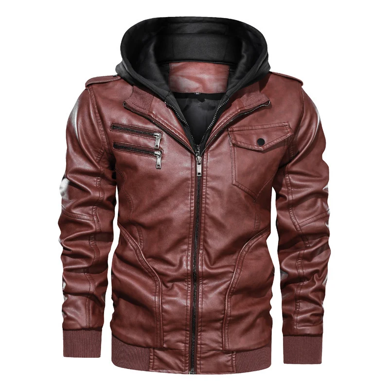 Herren Kapuzen-Lederimitatjacke im Bikerstil mit Reißverschluss, Brusttaschen und Rippbündchen Nord Taschen