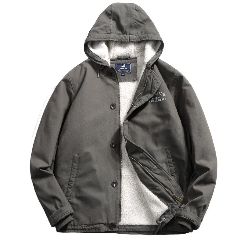 Herren Kapuzen-Canvasjacke mit Sherpa-Futter und Utility-Details Nord Taschen