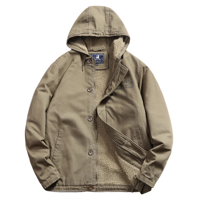 Herren Kapuzen-Canvasjacke mit Sherpa-Futter und Utility-Details Nord Taschen