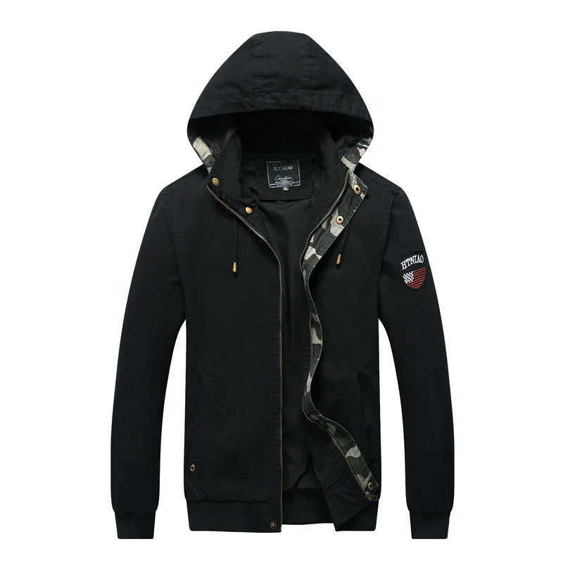 Herren Kapuzen-Canvasjacke im Military-Utility-Stil mit Camouflagemanschette und Rippbündchen Nord Taschen