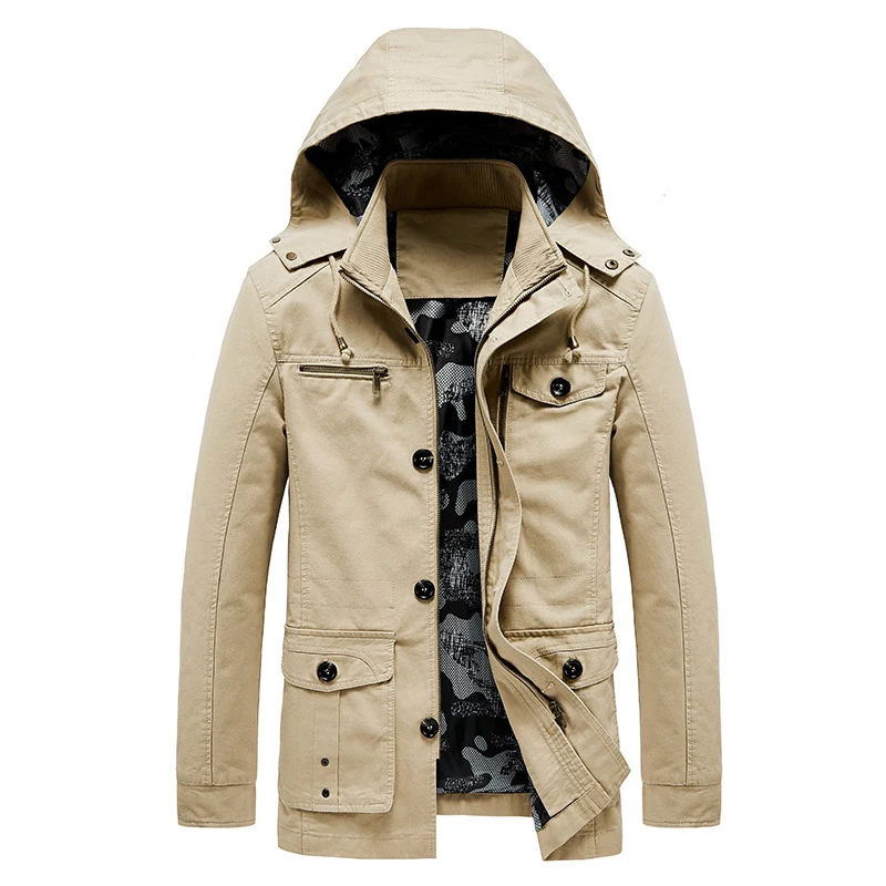 Herren Kapuzen-Canvas-Fieldjacke mit Camouflage-Innenfutter, Multifunktions‑Taschen und Reißverschluss‑Knopfleiste Nord Taschen