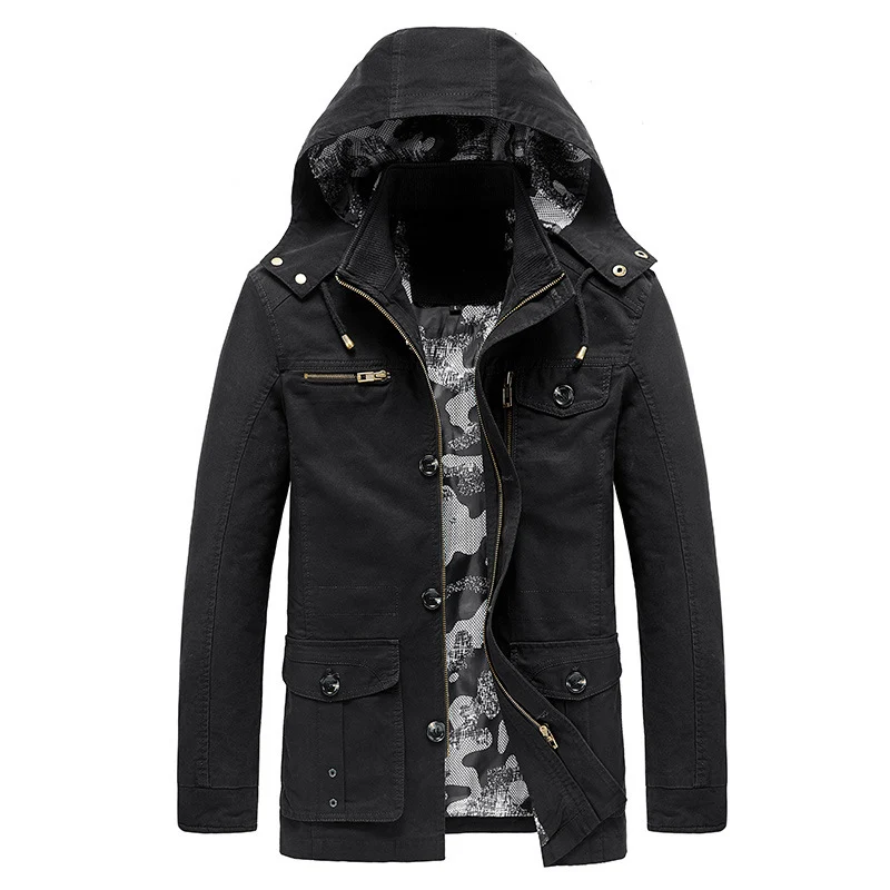 Herren Kapuzen-Canvas-Fieldjacke mit Camouflage-Innenfutter, Multifunktions‑Taschen und Reißverschluss‑Knopfleiste Nord Taschen