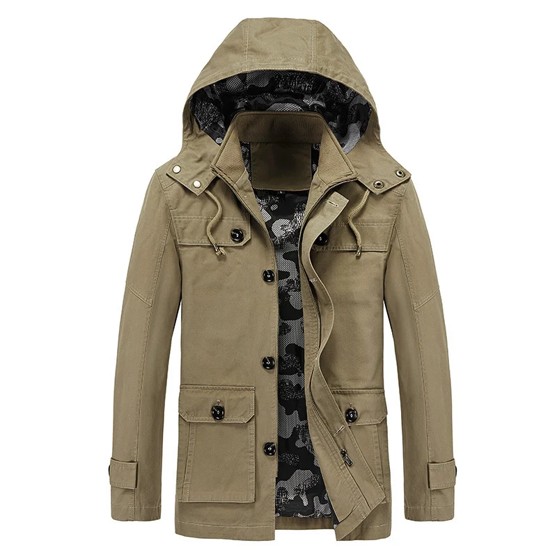 Herren Kapuzen-Canvas-Fieldjacke mit camouflage-gefütterter Innenseite und Multifunktions-Taschen Nord Taschen