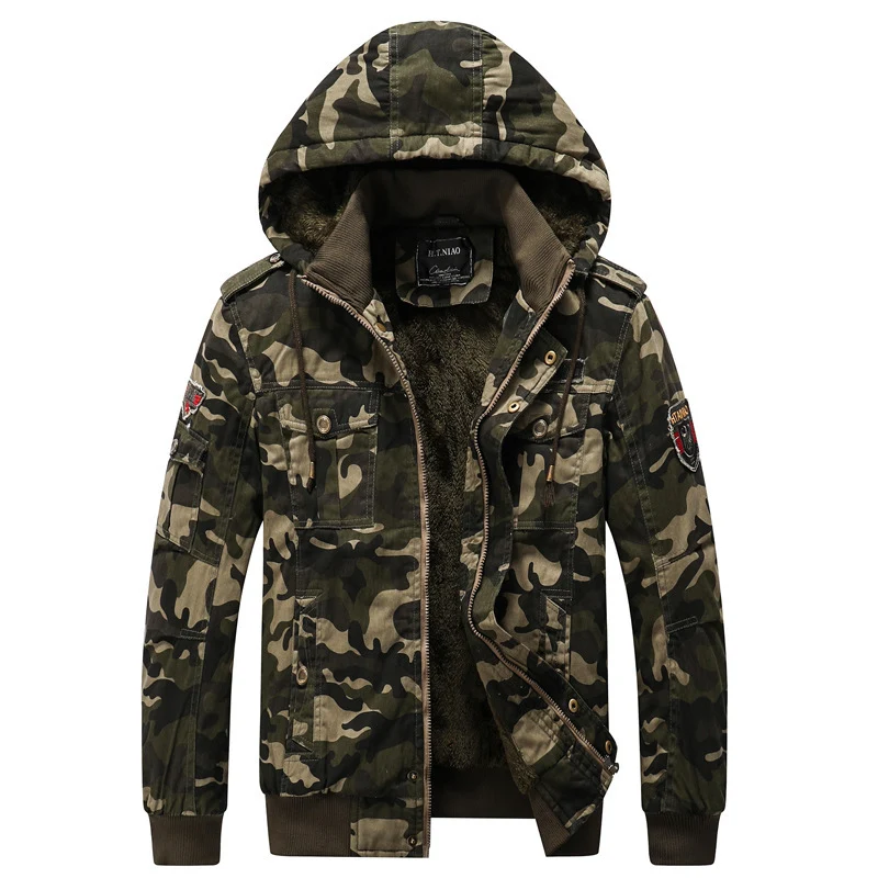 Herren Kapuzen-Camouflage-Fieldjacke mit Teddyfutter, Mehrfach-Taschen und Rippbündchen Nord Taschen