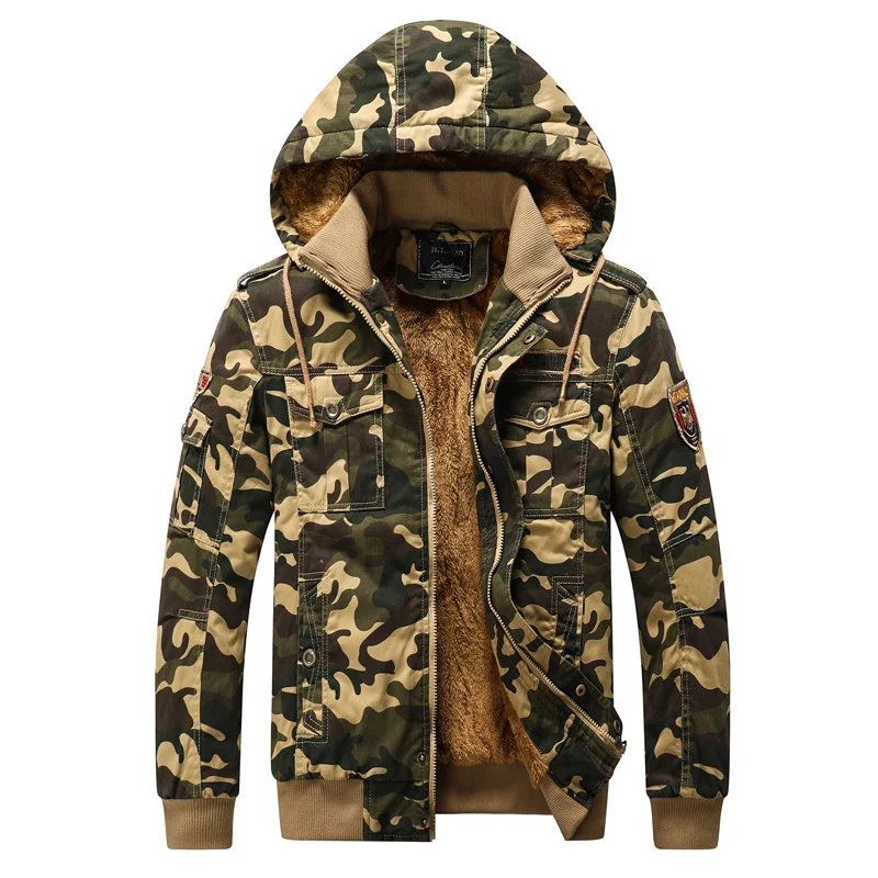 Herren Kapuzen-Camouflage-Fieldjacke mit Teddyfutter, Mehrfach-Taschen und Rippbündchen Nord Taschen