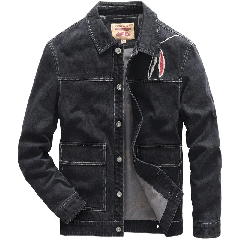 Herren Jeansjacke im Worker‑Stil mit gesticktem Feder‑Motiv und Innensatinfutter Nord Taschen