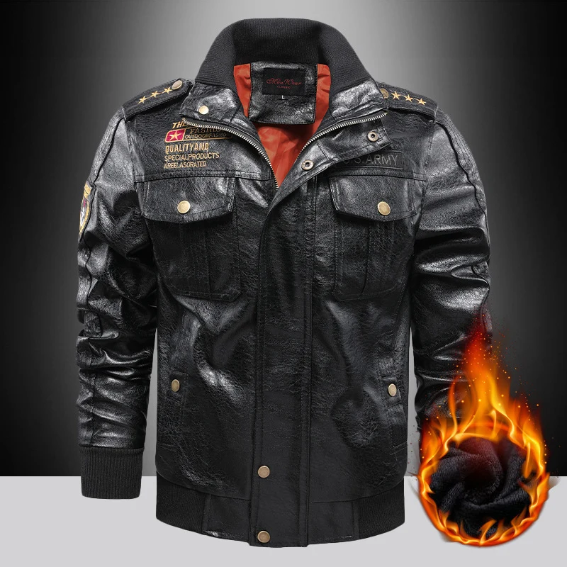 Herren isoliertes Kunstleder-Fliegerblouson im Military-Look mit Applikationen und gerippten Abschlüssen Nord Taschen