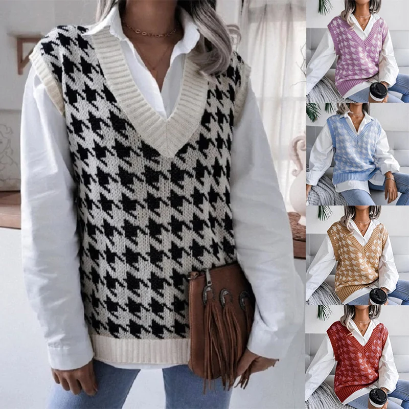 Damen Oversize Strickweste mit Hahnentritt-Muster und V-Ausschnitt Nord Taschen