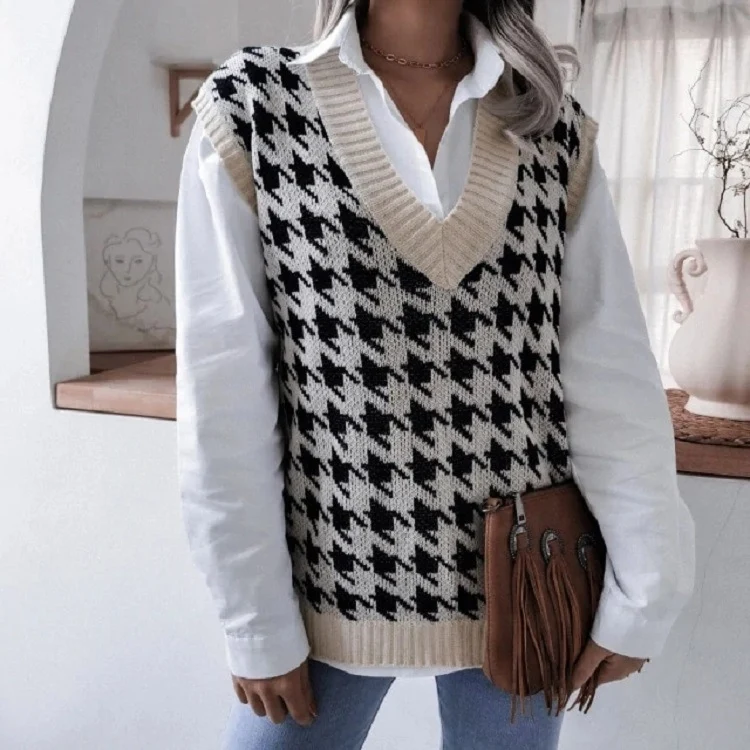 Damen Oversize Strickweste mit Hahnentritt-Muster und V-Ausschnitt Nord Taschen