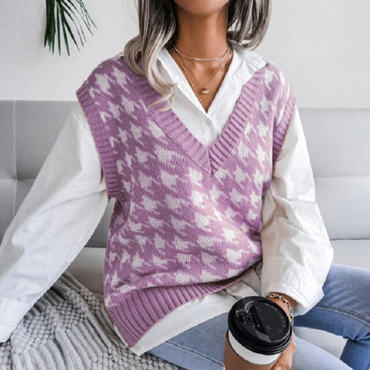 Damen Oversize Strickweste mit Hahnentritt-Muster und V-Ausschnitt Nord Taschen