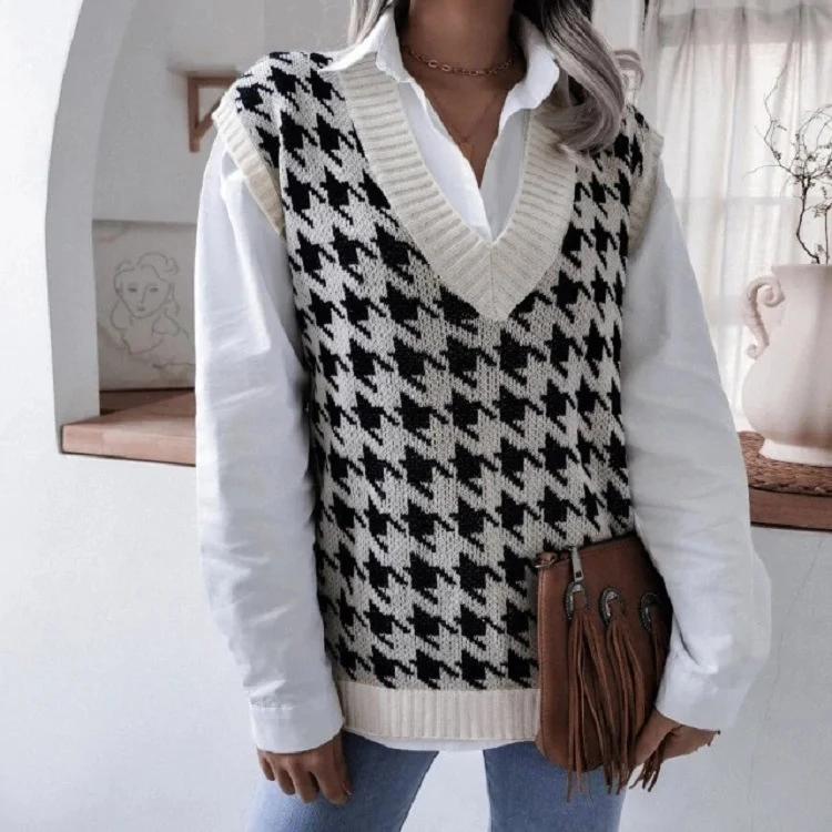 Damen Oversize Strickweste mit Hahnentritt-Muster und V-Ausschnitt Nord Taschen