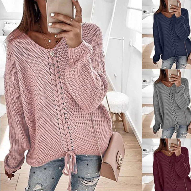 Damen Oversize Strickpullover mit V-Ausschnitt, Zopfstrick und Schnürung Nord Taschen