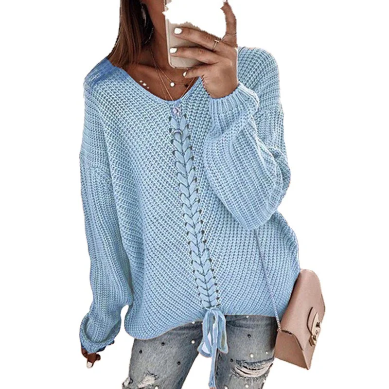 Damen Oversize Strickpullover mit V-Ausschnitt, Zopfstrick und Schnürung Nord Taschen