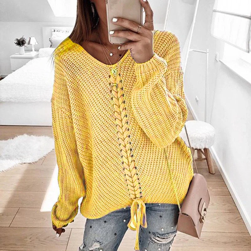 Damen Oversize Strickpullover mit V-Ausschnitt, Zopfstrick und Schnürung Nord Taschen