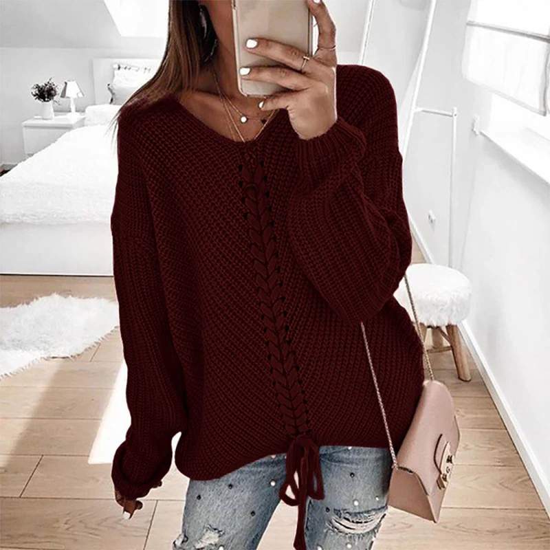 Damen Oversize Strickpullover mit V-Ausschnitt, Zopfstrick und Schnürung Nord Taschen