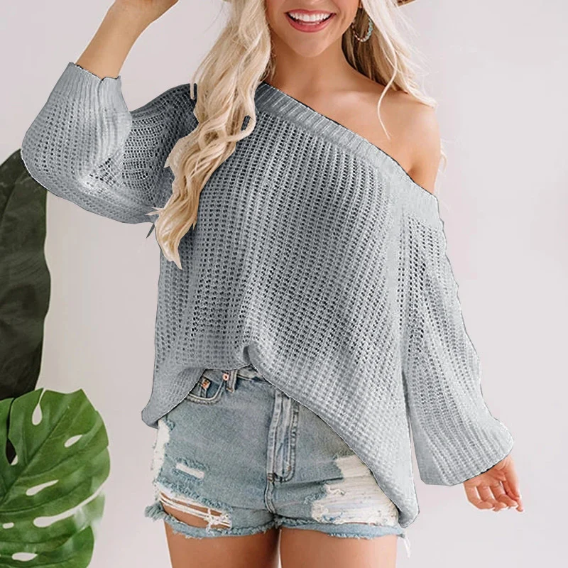 Damen Oversize Strickpullover mit Off-Shoulder Ajourmuster und weitem Saum Nord Taschen