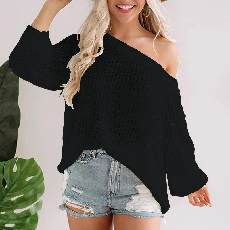 Damen Oversize Strickpullover mit Off-Shoulder Ajourmuster und weitem Saum Nord Taschen