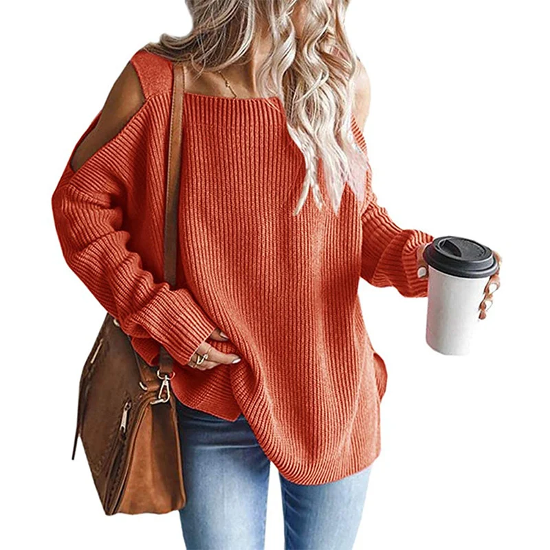 Damen Oversize Strickpullover mit Cut-Out-Schulter, geripptem Feinstrick und weitem U-Boot-Ausschnitt Nord Taschen