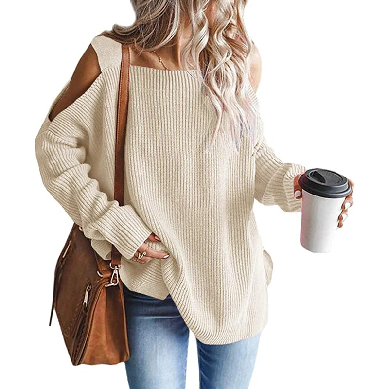 Damen Oversize Strickpullover mit Cut-Out-Schulter, geripptem Feinstrick und weitem U-Boot-Ausschnitt Nord Taschen