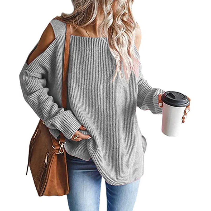 Damen Oversize Strickpullover mit Cut-Out-Schulter, geripptem Feinstrick und weitem U-Boot-Ausschnitt Nord Taschen