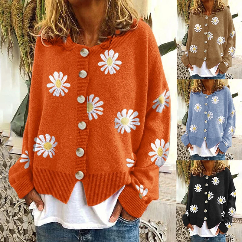 Damen Oversize Strickcardigan mit Knopfleiste und Gänseblümchen-Print Nord Taschen