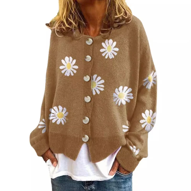 Damen Oversize Strickcardigan mit Knopfleiste und Gänseblümchen-Print Nord Taschen