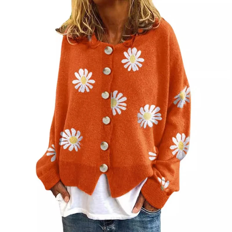 Damen Oversize Strickcardigan mit Knopfleiste und Gänseblümchen-Print Nord Taschen