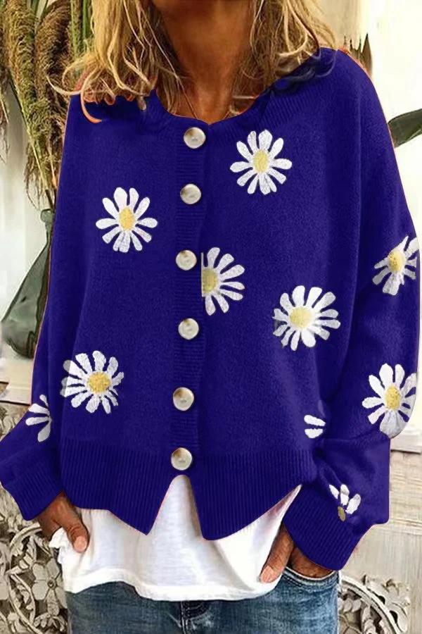 Damen Oversize Strickcardigan mit Knopfleiste und Gänseblümchen-Print Nord Taschen