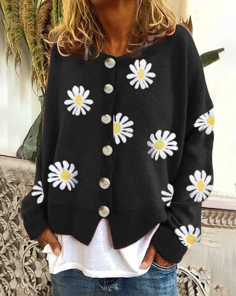Damen Oversize Strickcardigan mit Knopfleiste und Gänseblümchen-Print Nord Taschen