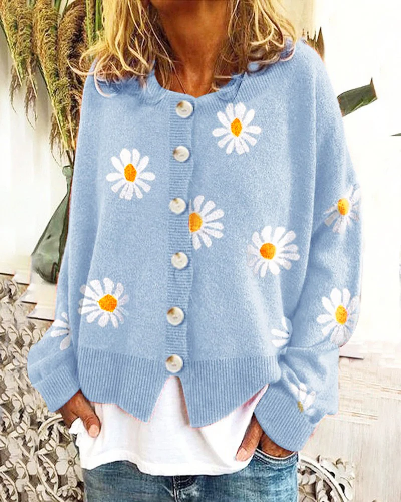 Damen Oversize Strickcardigan mit Knopfleiste und Gänseblümchen-Print Nord Taschen