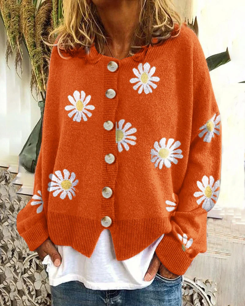 Damen Oversize Strickcardigan mit Knopfleiste und Gänseblümchen-Print Nord Taschen