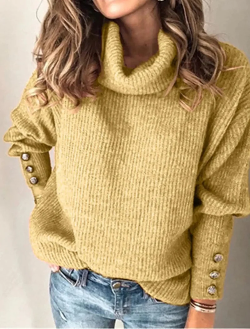 Damen Oversize-Rollkragenpullover mit Strukturstrick und Zierknöpfen Nord Taschen