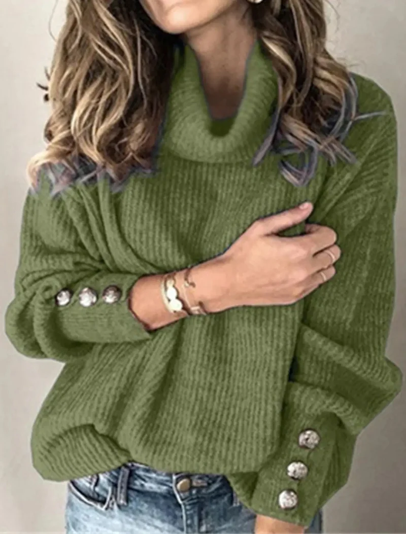 Damen Oversize-Rollkragenpullover mit Strukturstrick und Zierknöpfen Nord Taschen