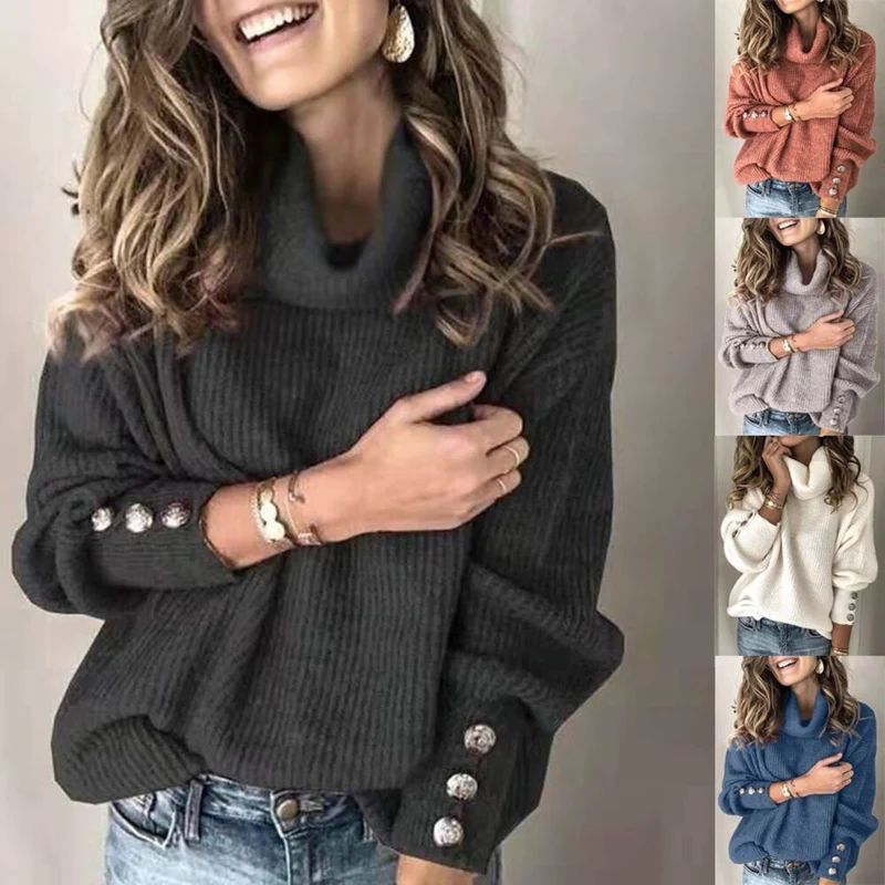 Damen Oversize-Rollkragenpullover mit Rippstruktur und Zierknopfleiste Nord Taschen