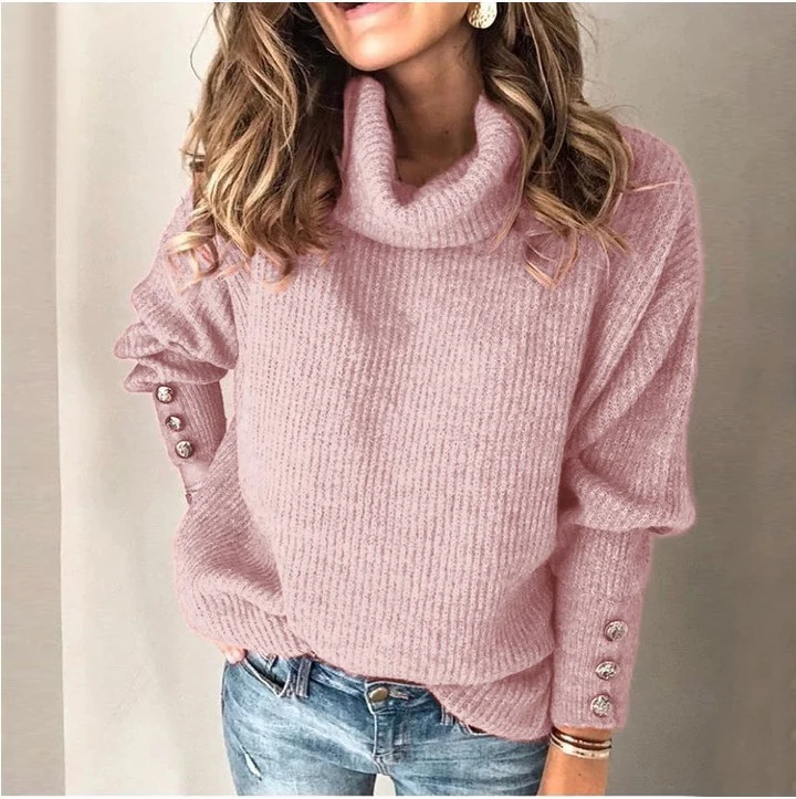 Damen Oversize-Rollkragenpullover mit Rippstruktur und Zierknopfleiste Nord Taschen
