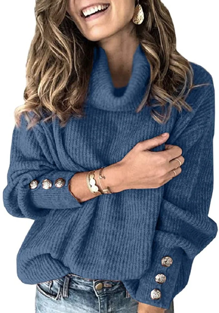 Damen Oversize-Rollkragenpullover mit Rippstruktur und Zierknopfleiste Nord Taschen