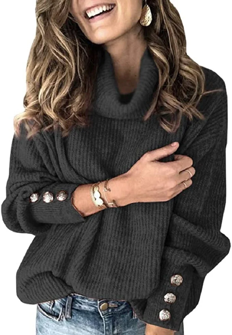 Damen Oversize-Rollkragenpullover mit Rippstruktur und Zierknopfleiste Nord Taschen